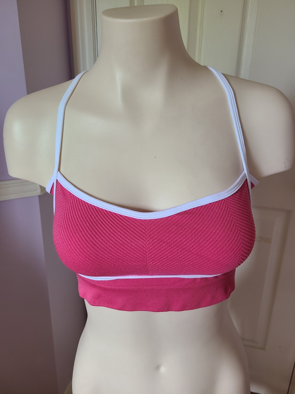 Anthropologie Hot Pink Ribbed Sports Bralette with White Trim